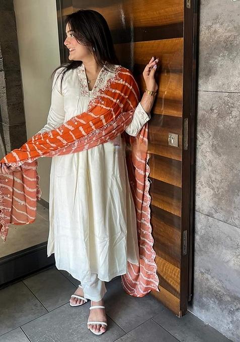 Cream Embroidered Viscose Kurta Set