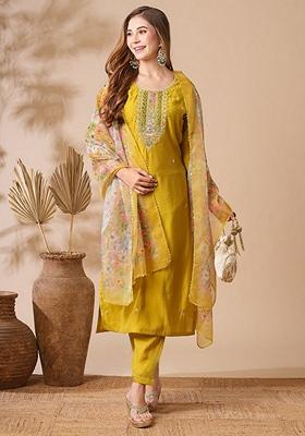 Mustard Embroidered Chanderi Kurta Set