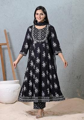 Black Embroidered Rayon Kurta Set