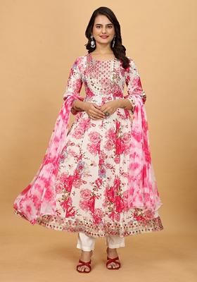 Pink Embroidered Art Silk Kurta Set
