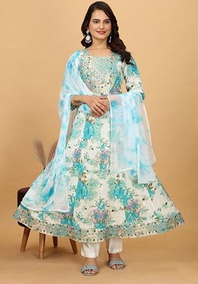 Sky Blue Embroidered Art Silk Kurta Set
