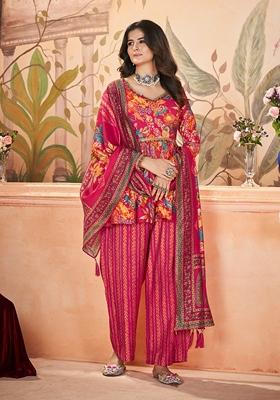 Pink Printed Art Silk Kurta Set