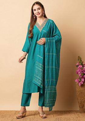 Teal Blue Embroidered Chanderi Kurta Set