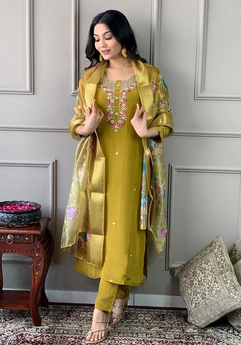Mustard Embroidered Chanderi Kurta Set