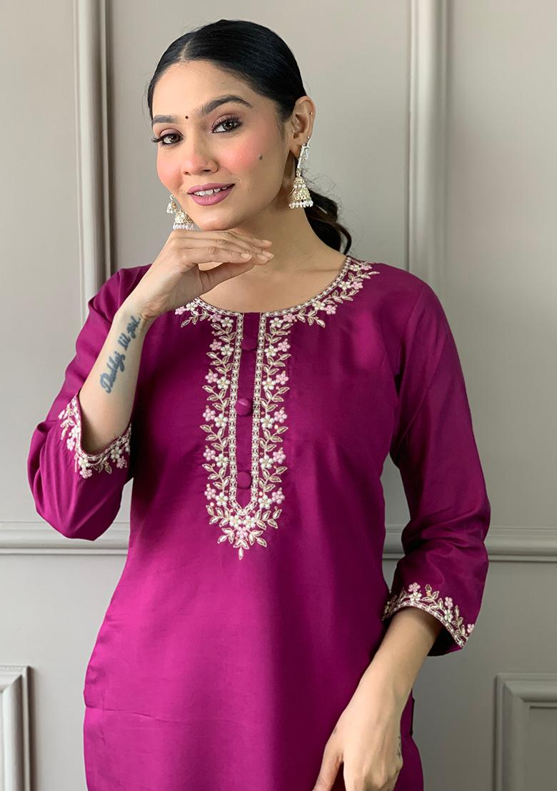Burgundy Embroidered Chanderi Kurta Set
