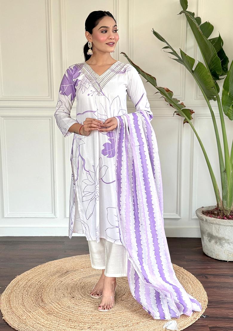 White Embroidered Rayon Kurta Set