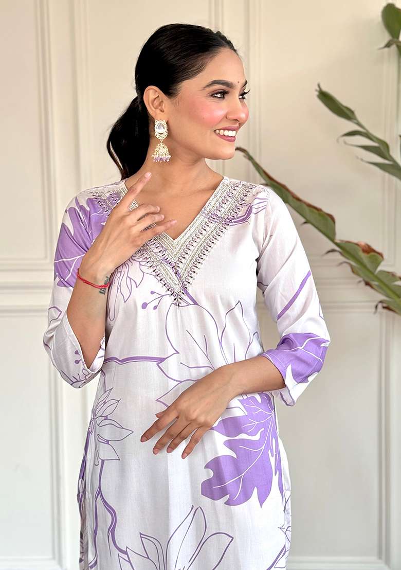 White Embroidered Rayon Kurta Set - Indya