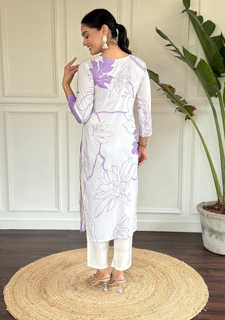 White Embroidered Rayon Kurta Set