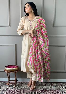 Beige Embroidered Chanderi Kurta Set