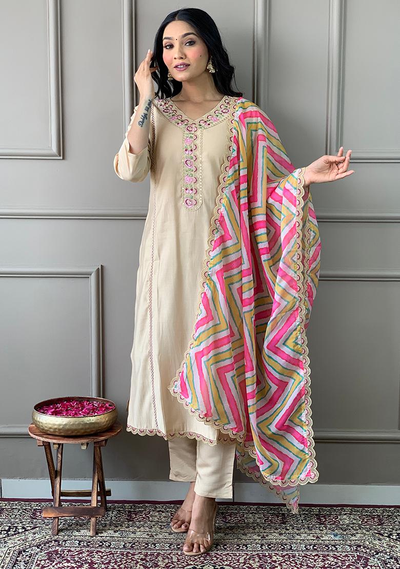 Beige Embroidered Chanderi Kurta Set