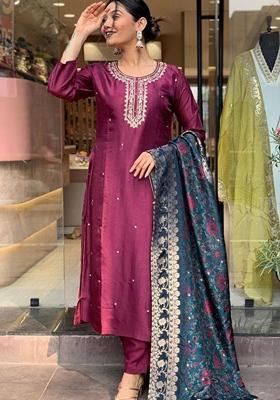 Burgundy Embroidered Chanderi Kurta Set