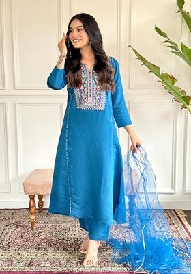 Teal Blue Embroidered Chanderi Kurta Set