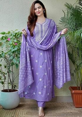 Lavender Embroidered Cotton Kurta Set