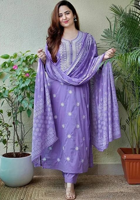 Lavender Embroidered Cotton Kurta Set