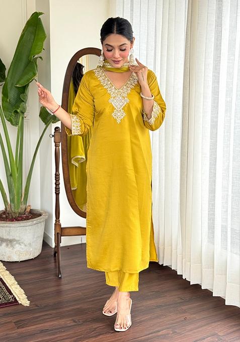 Mustard Embroidered Chanderi Kurta Set