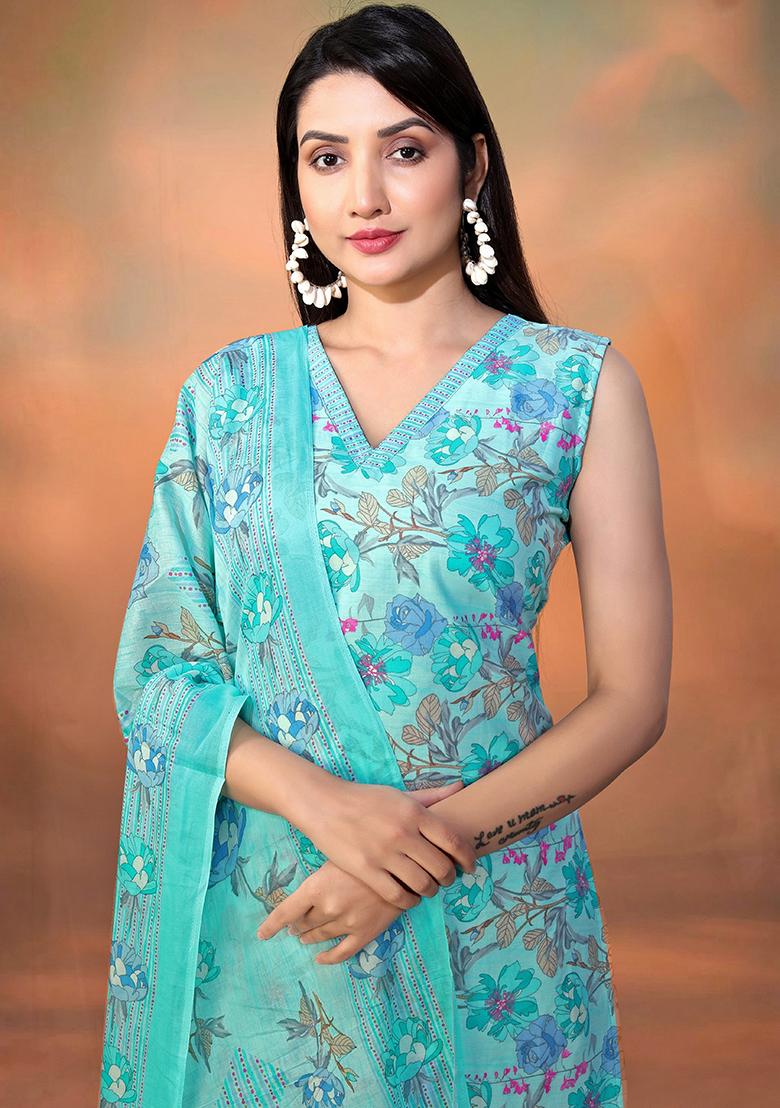 Blue Printed Cotton Kurta Set - Indya