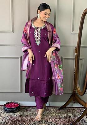 Purple Embroidered Viscose Kurta Set