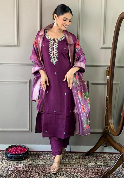 Purple Embroidered Viscose Kurta Set