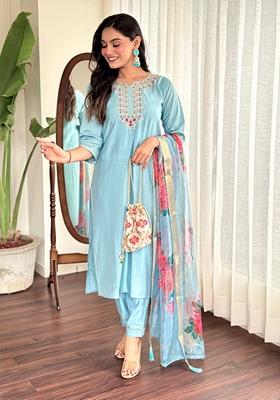 Sky Blue Embroidered Viscose Kurta Set