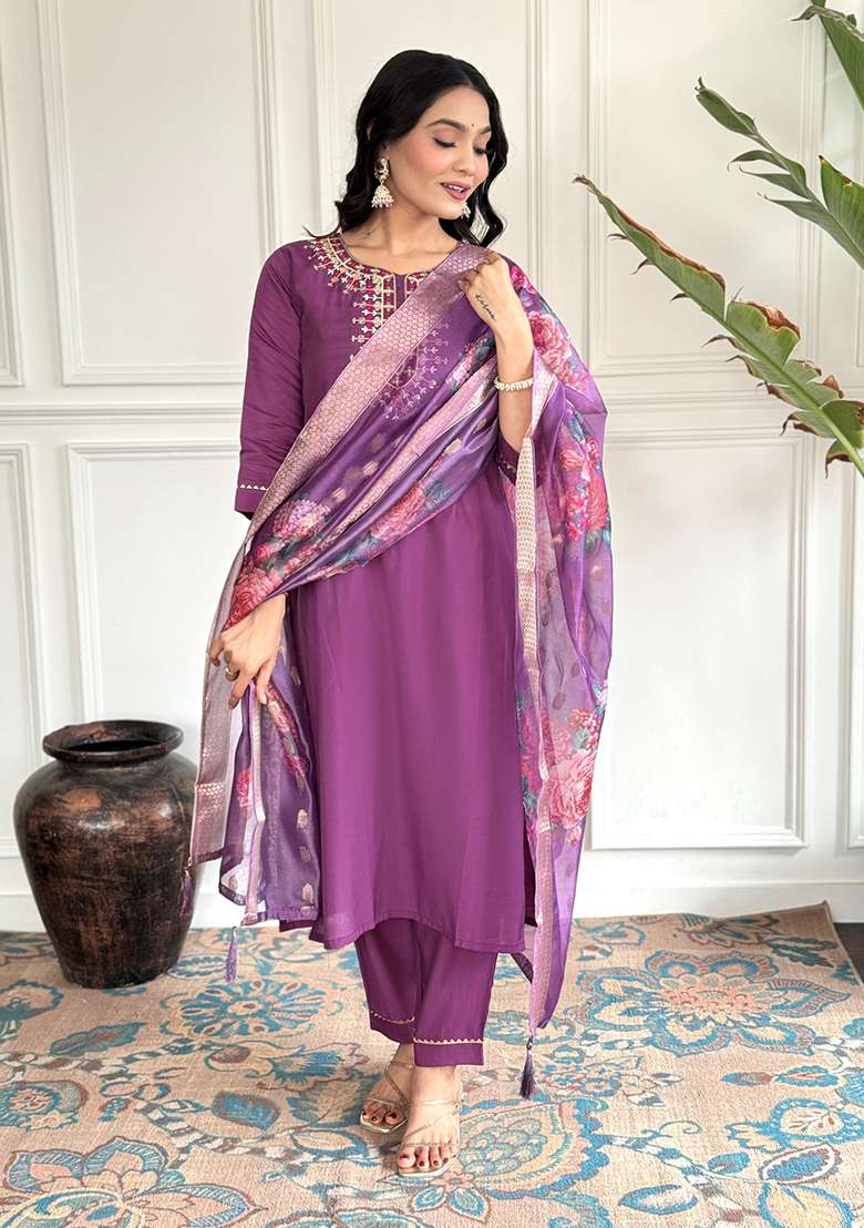 Purple Embroidered Viscose Straight Kurta Set - Indya