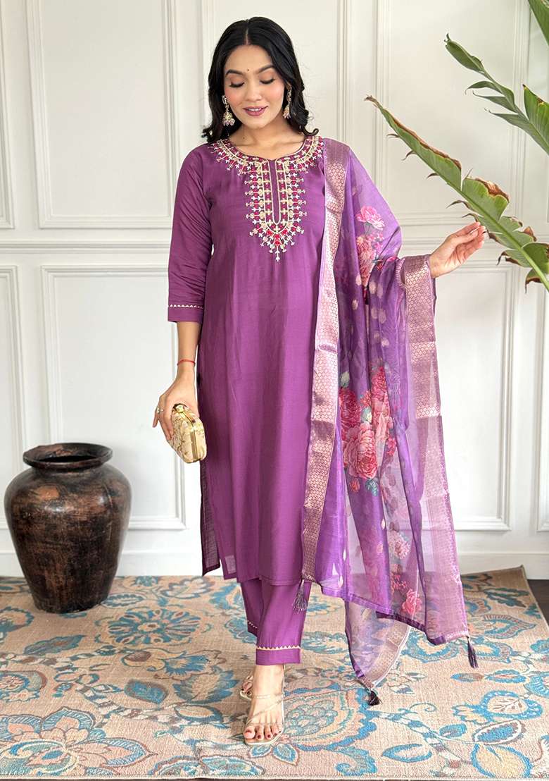 Purple Embroidered Viscose Straight Kurta Set - Indya