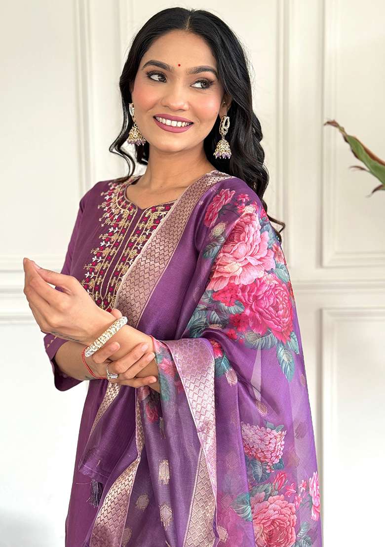 Purple Embroidered Viscose Straight Kurta Set - Indya