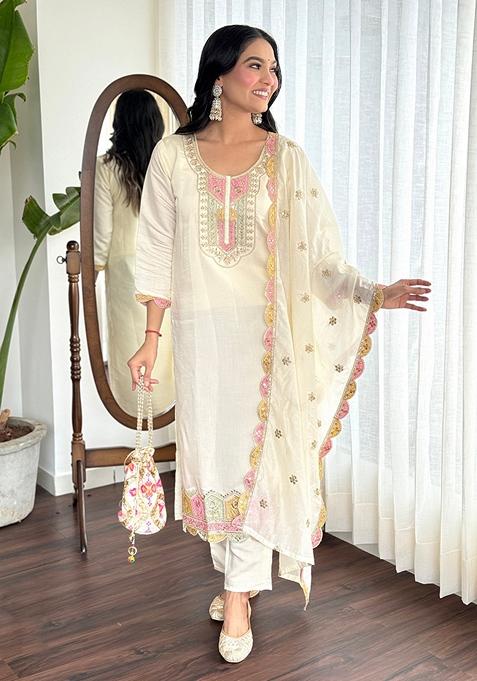 Cream Embroidered Viscose Kurta Set