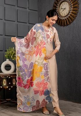 Cream Embroidered Viscose Kurta Set
