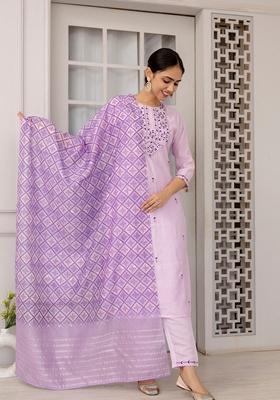 Lavender Embroidered Viscose Kurta Set
