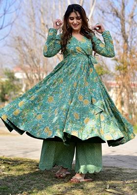 Sea Green Printed Cotton Silk Kurta Set