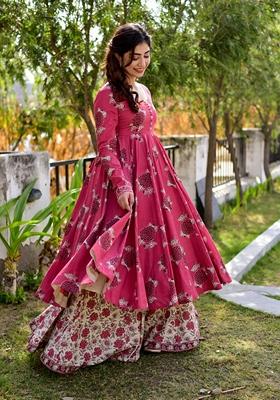 Pink Printed Cotton Silk Kurta Set