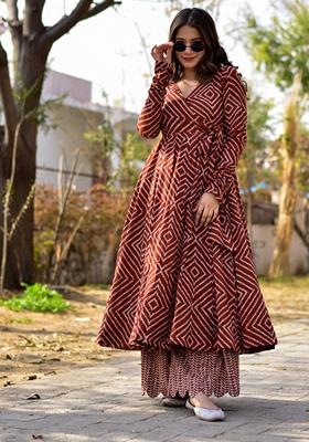 Burgundy Printed Cotton Silk Kurta Set