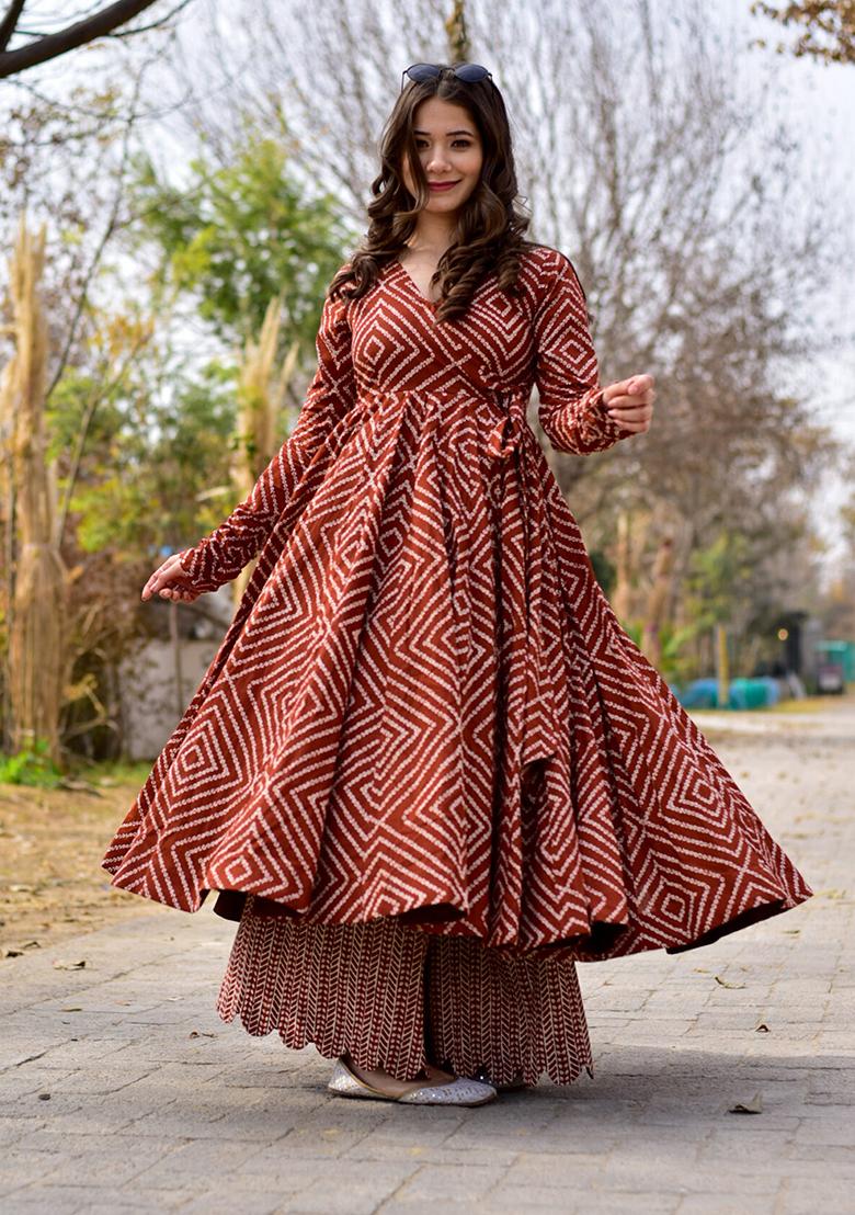 Burgundy Printed Cotton Silk Kurta Set