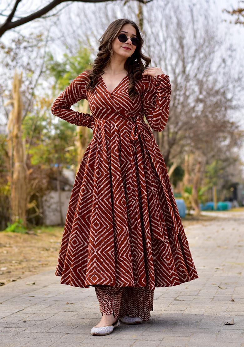 Burgundy Printed Cotton Silk Kurta Set