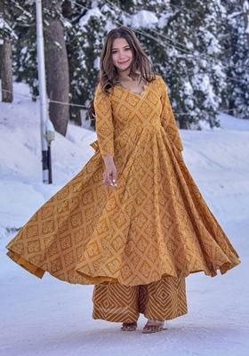 Orange Printed Cotton Silk Kurta Set