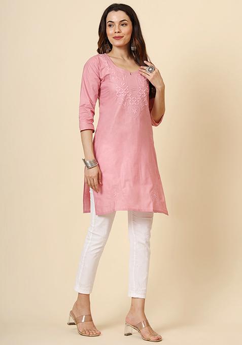 Pink Embroidered Cotton Short Kurta