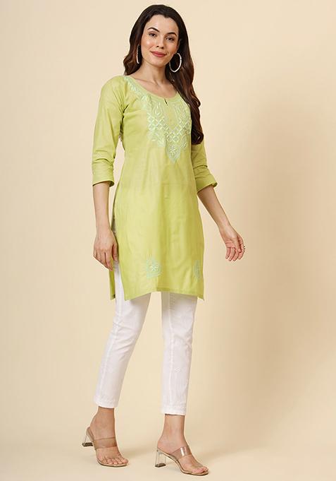 Green Embroidered Cotton Short Kurta