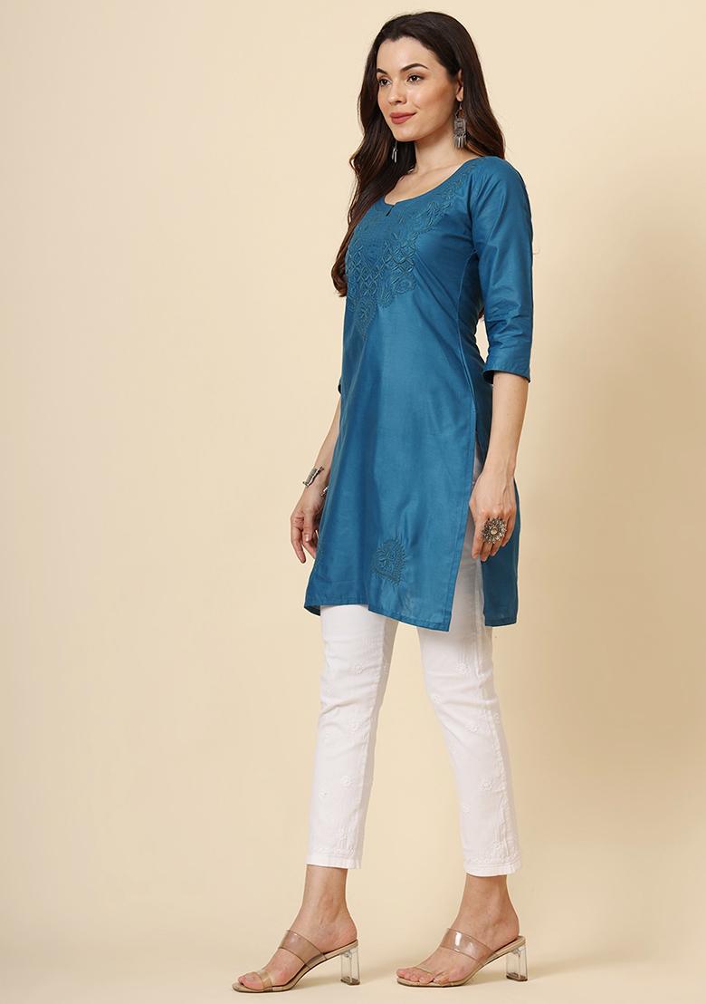 Teal Blue Embroidered Cotton Short Kurta