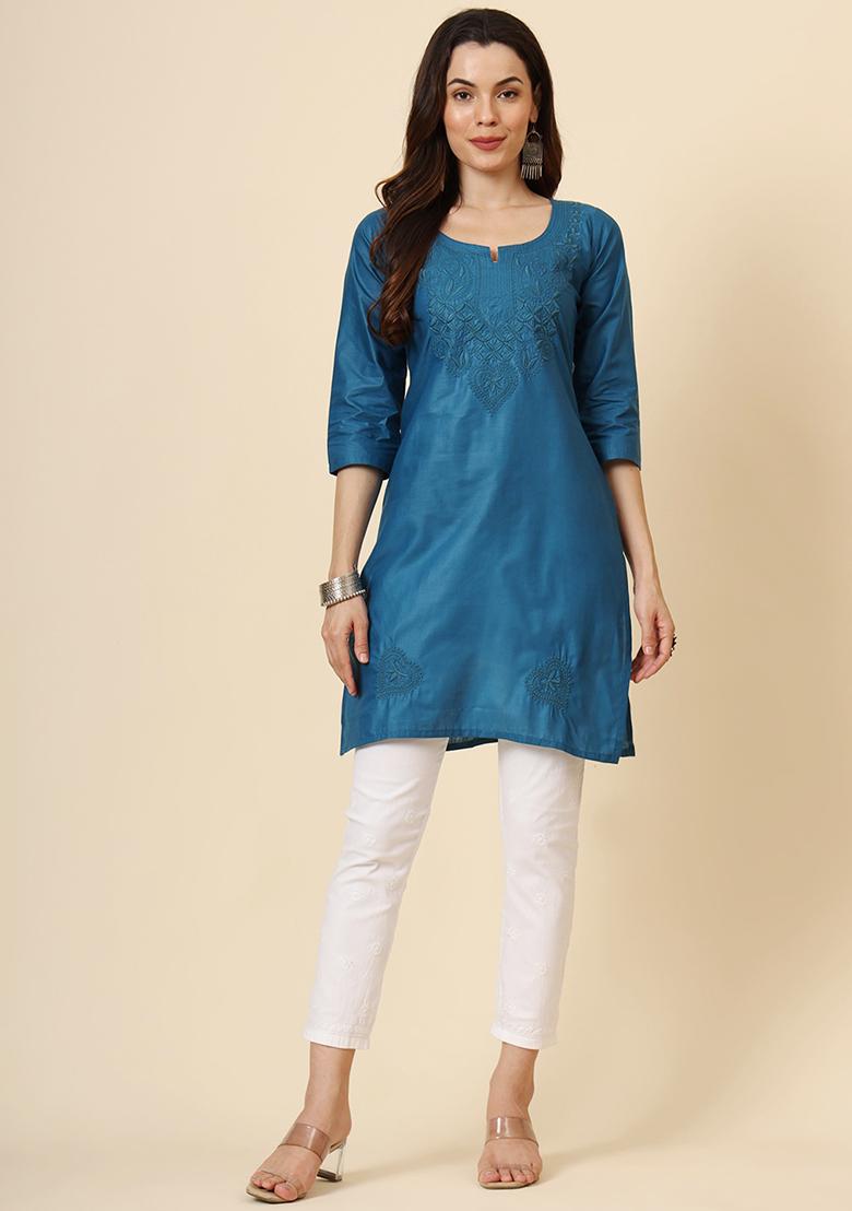 Teal Blue Embroidered Cotton Short Kurta
