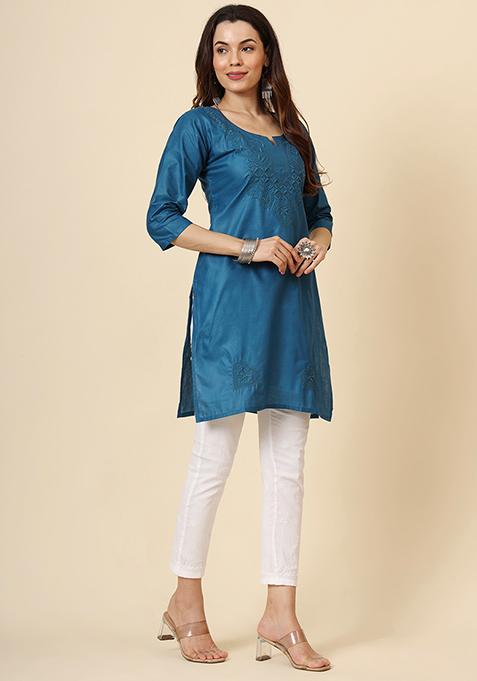 Teal Blue Embroidered Cotton Short Kurta