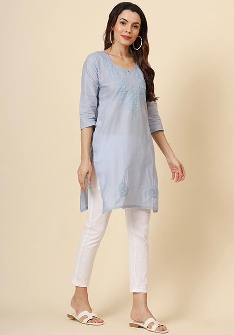 Light Blue Embroidered Cotton Short Kurta