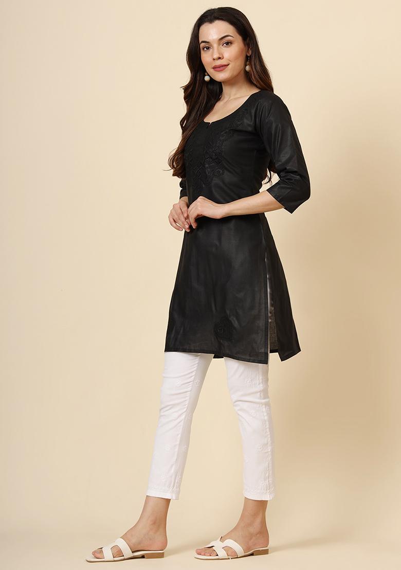 Black Embroidered Cotton Short Kurta - Indya
