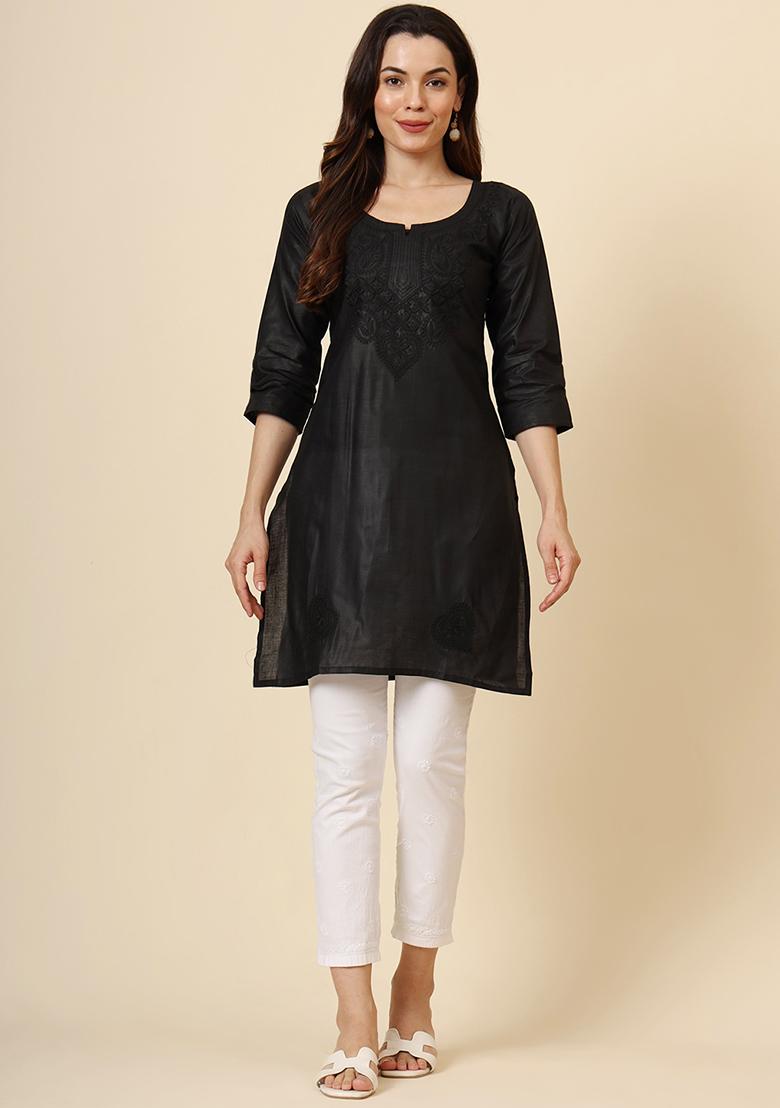 Black Embroidered Cotton Short Kurta - Indya