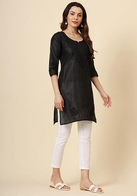 Black Embroidered Cotton Short Kurta