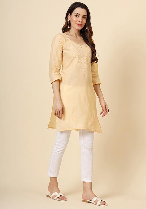 Yellow Embroidered Cotton Short Kurta