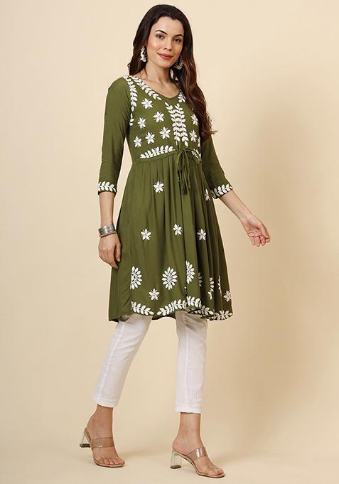 Green Embroidered Rayon Short Kurta