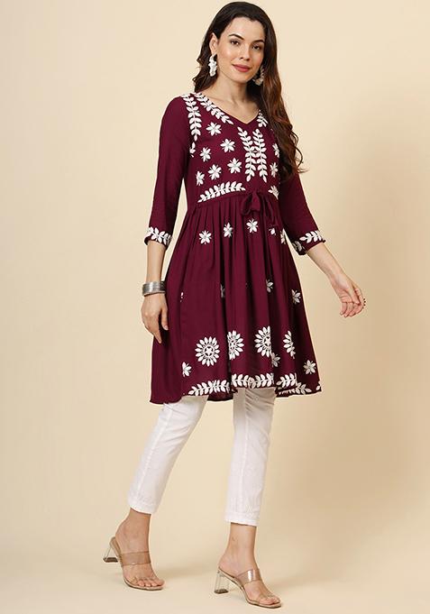 Wine Embroidered Rayon Short Kurta