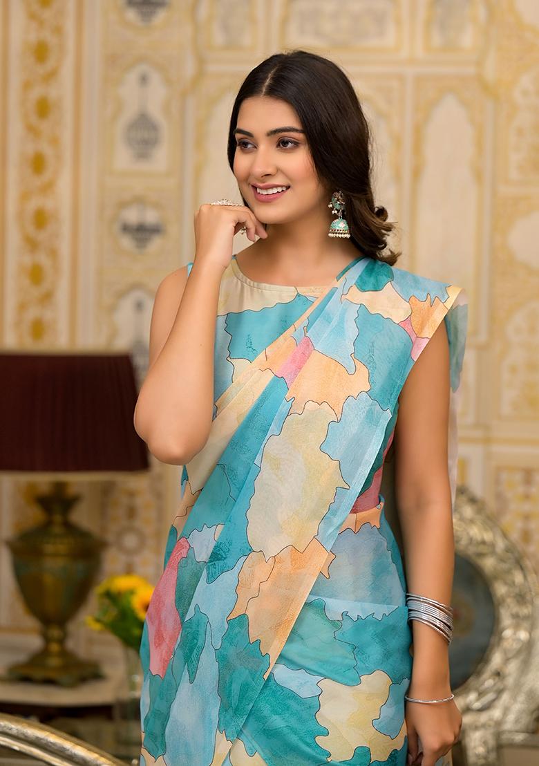 Sea Green Printed Georgette Gown With Dupatta