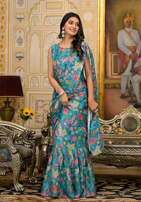 Blue Printed Georgette Gown With Dupatta