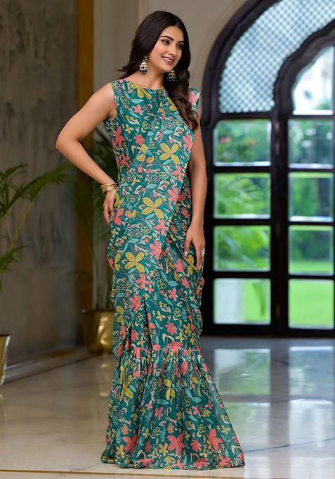 Green Printed Georgette Gown With Dupatta